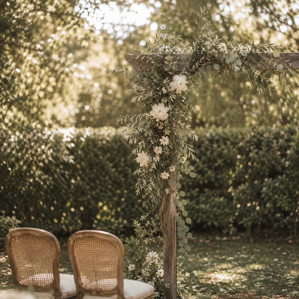 A drag-and-drop wedding seating chart composed over a garden venue floor plan